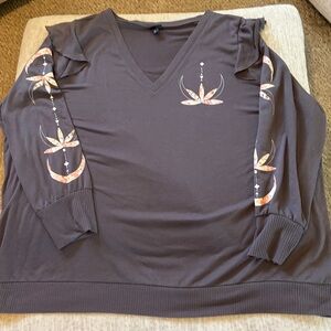 Torrid Women's V-Neck Long Sleeve Top with Floral Crescent Sleeve Detail - Brown